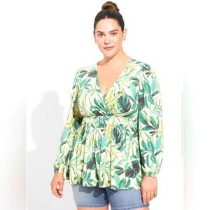 Torrid Green Leaf Print Faux Wrap Peplum Blouse Balloon Sleeve Size 2X